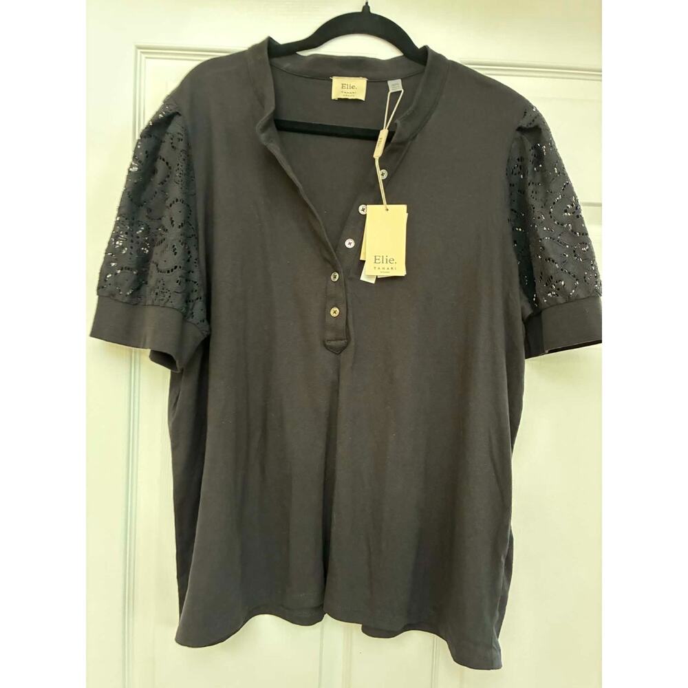 Elie Tahari Woman 1X Black Lace Sleeve Blouse NWT Cotton‎ Eyelit Top